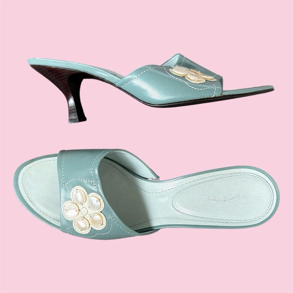 Blue fairycore kitten heel sandals with beaded flower made in Brazil